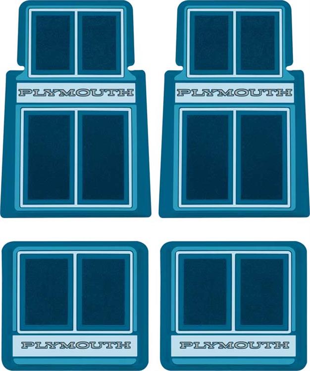 1960-1976 Plymouth; Custom Carpeted Floor Mat Set; "Plymouth" Logo; Blue; 4 Piece Set