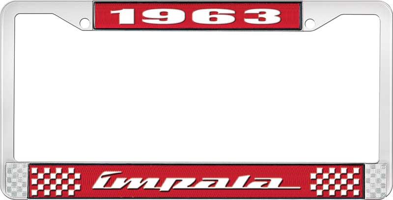 1963 IMPALA RED AND CHROME LICENSE PLATE FRAME WITH WHITE LETTERING