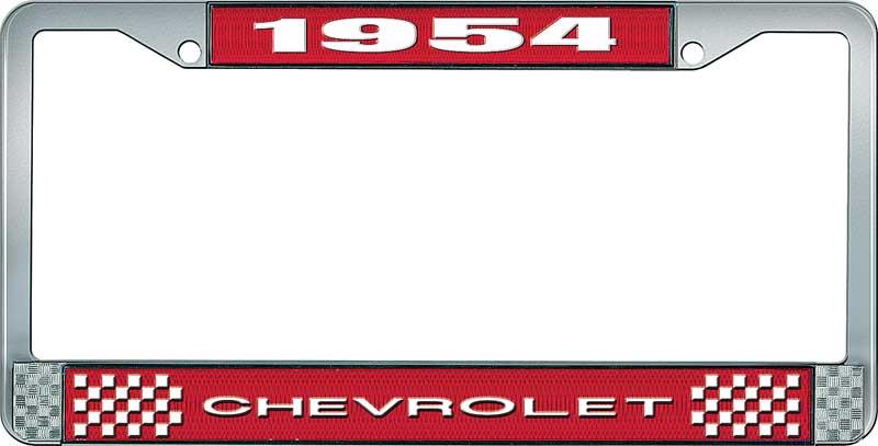 1954 CHEVROLET RED AND CHROME LICENSE PLATE FRAME WITH WHITE LETTERING