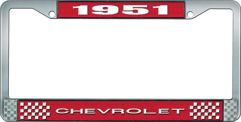 1951 CHEVROLET RED AND CHROME LICENSE PLATE FRAME WITH WHITE LETTERING