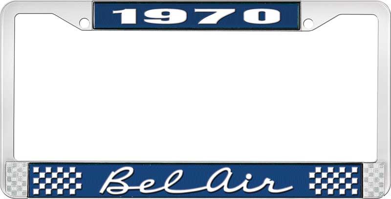 nummerplåtshållare, 1970 BEL AIR  blå/krom, med vit text