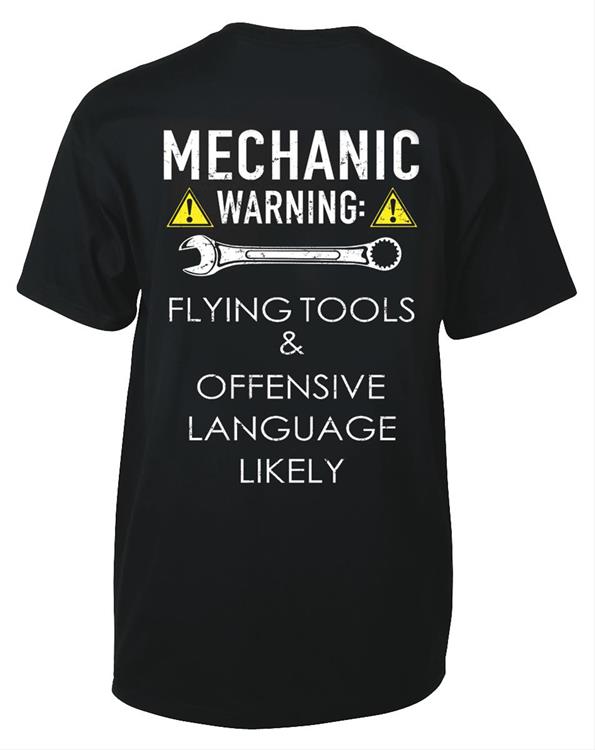 T-Shirt, Short Sleeve, Cotton, Black, Mechanic Warning, Men's Large, Each