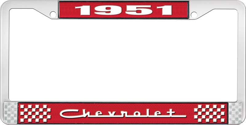 1951 CHEVROLET RED AND CHROME LICENSE PLATE FRAME WITH WHITE LETTERING