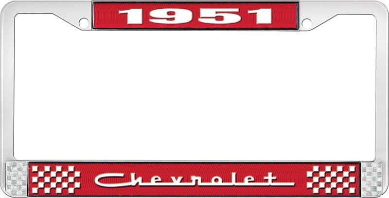 nummerplåtshållare, 1951 CHEVROLET, röd/krom, med vit text