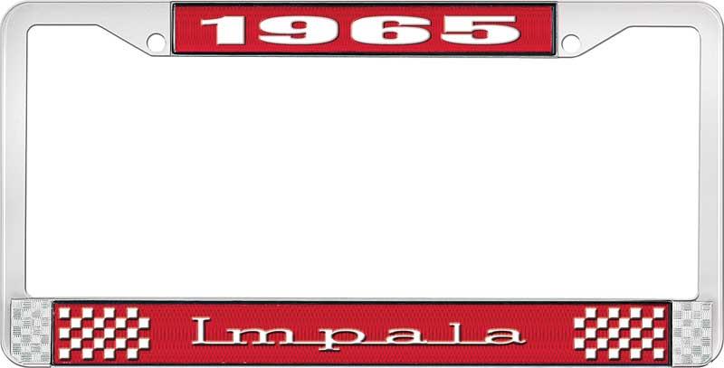 1965 IMPALA RED AND CHROME LICENSE PLATE FRAME WITH WHITE LETTERING
