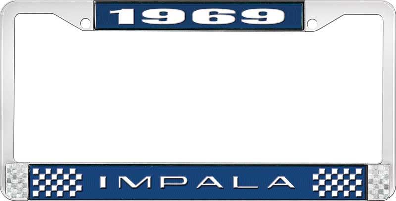 1969 IMPALA  BLUE AND CHROME LICENSE PLATE FRAME WITH WHITE LETTERING
