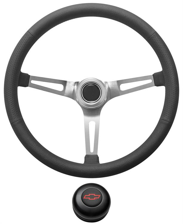 Steering Wheel Kit, 1967-68 Chevrolet, Retro w/Slots, Red Bowtie Cap, Black