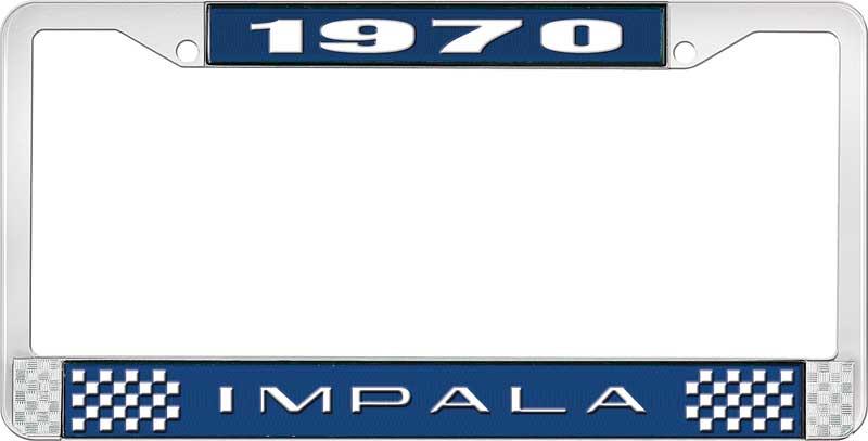 1970 IMPALA  BLUE AND CHROME LICENSE PLATE FRAME WITH WHITE LETTERING