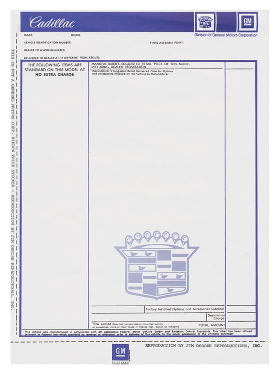 Sticker, 75-76 Cadillac, Window, New Car Price