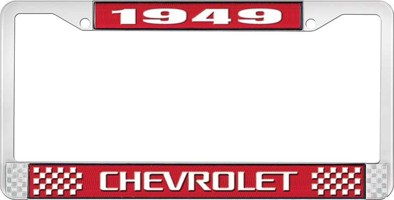 1949 CHEVROLET RED AND CHROME LICENSE PLATE FRAME WITH WHITE LETTERING