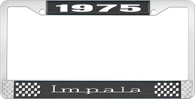 1975 IMPALA BLACK AND CHROME LICENSE PLATE FRAME WITH WHITE LETTERING