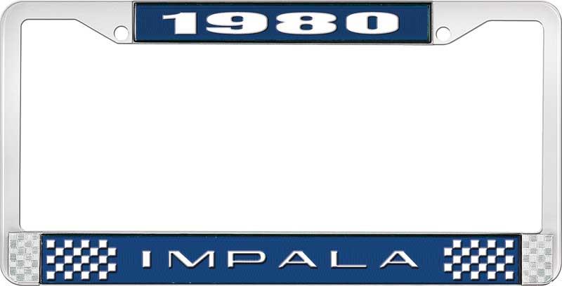 nummerplåtshållare, 1980 IMPALA  blå/krom, med vit text