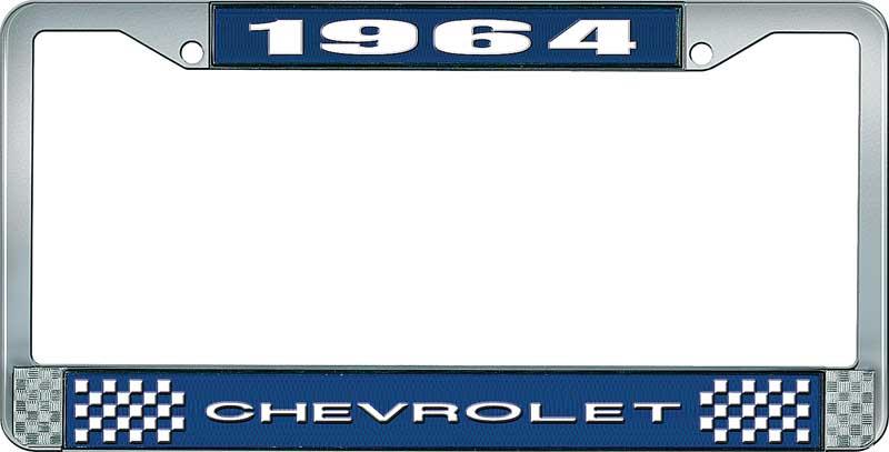 1964 CHEVROLET BLUE AND CHROME LICENSE PLATE FRAME WITH WHITE LETTERING