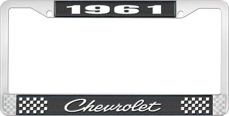 1961 CHEVROLET BLACK AND CHROME LICENSE PLATE FRAME WITH WHITE LETTERING