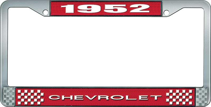 1952 CHEVROLET RED AND CHROME LICENSE PLATE FRAME WITH WHITE LETTERING