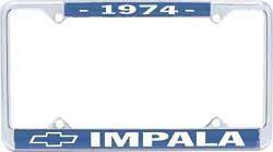 License Plate Frame, Steel, Chrome/Blue, 1974 Impala Logo, Each