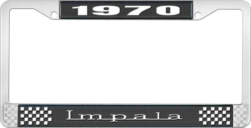 1970 IMPALA BLACK AND CHROME LICENSE PLATE FRAME WITH WHITE LETTERING