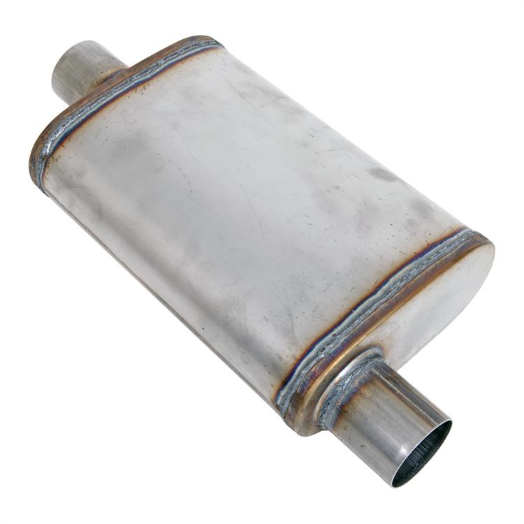 Muffler, Oval, 2.5" Center Inlet, 2.5" Offset Outlet, 409 Stainless Steel