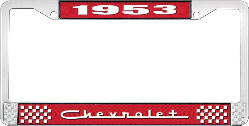 1953 CHEVROLET RED AND CHROME LICENSE PLATE FRAME WITH WHITE LETTERING