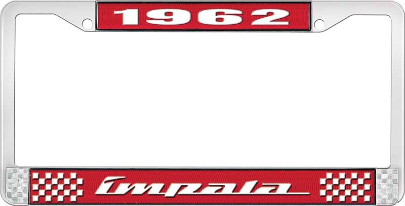 1962 IMPALA RED AND CHROME LICENSE PLATE FRAME WITH WHITE LETTERING