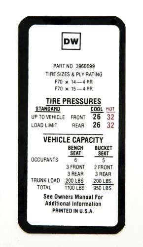 Tire Pressure Decal,SS,1969