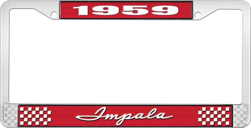 1959 IMPALA RED AND CHROME LICENSE PLATE FRAME WITH WHITE LETTERING