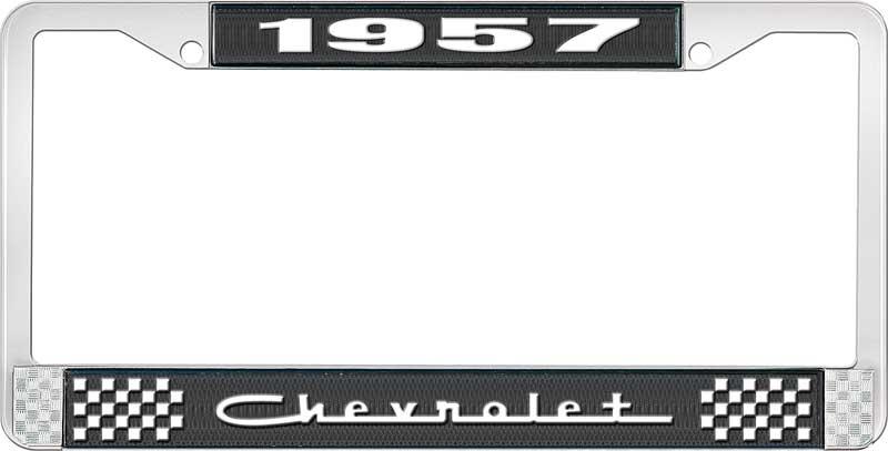 1957 CHEVROLET BLACK AND CHROME LICENSE PLATE FRAME WITH WHITE LETTERING