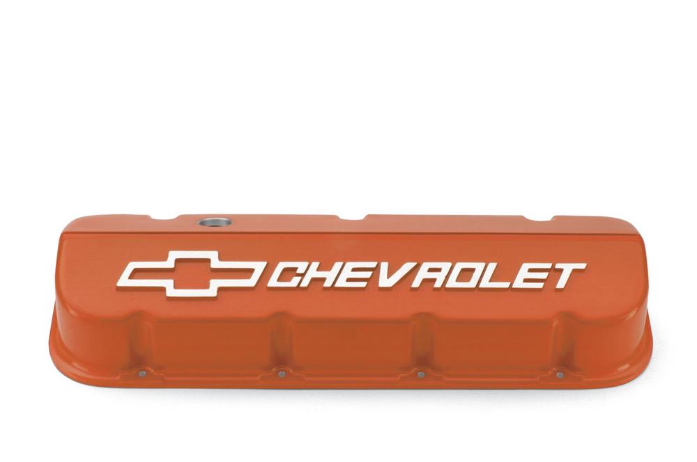 Valve Covers, Tall, Cast Aluminum, Orange Powdercoated, Chevrolet Logo