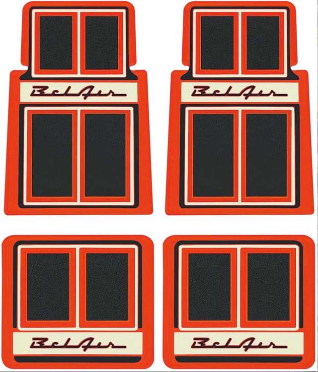 Mattsats 1955-57 Bel Air 4 Piece Red / Black / Beige Custom Carpet Floor Mat Set with Bel Air Script