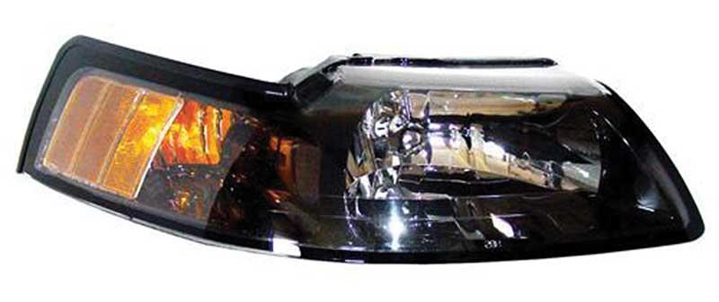 1999-04 Mustang Headlight with Clear Lens, Black Housing and Amber Reflector- Pair