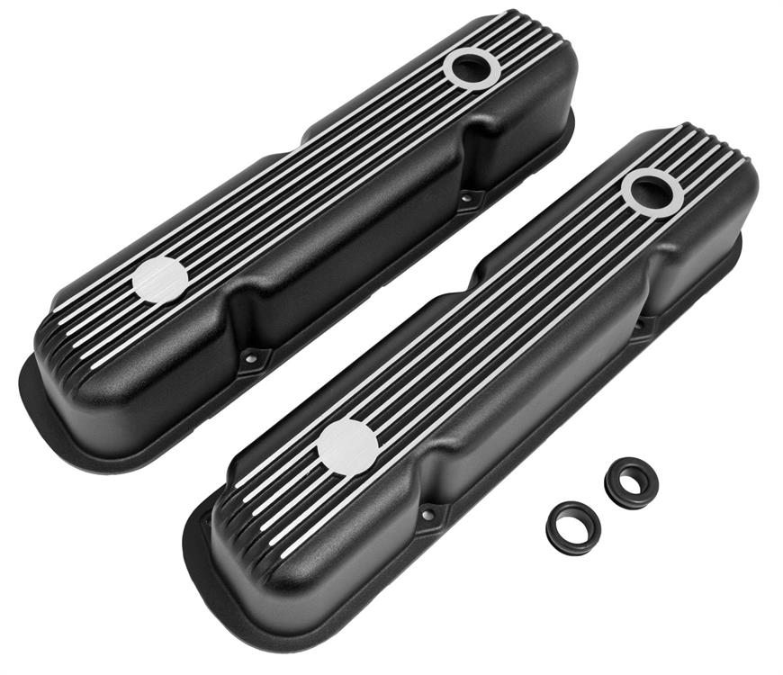 Valve Covers, Tall, Cast Aluminum, Finned, Black, Dodge, Chrysler, Plymouth, Mopar, Small Block, V8, Pair