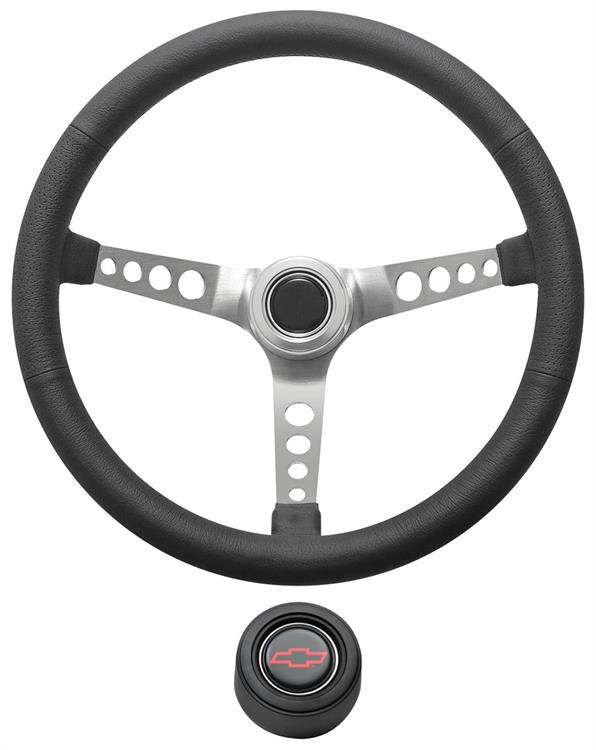 Steering Wheel Kit, 1967-68 Chevrolet, Retro w/Holes, Red Bowtie, Black, Hi-Rise