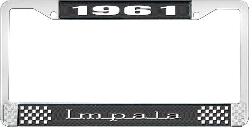1961 IMPALA BLACK AND CHROME LICENSE PLATE FRAME WITH WHITE LETTERING
