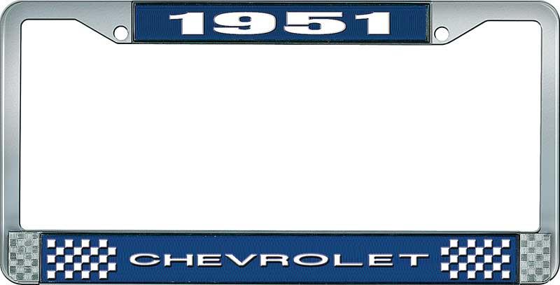 1951 CHEVROLET BLUE AND CHROME LICENSE PLATE FRAME WITH WHITE LETTERING