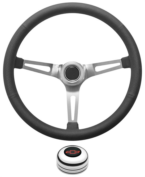 Steering Wheel Kit, 1967-68 Chevrolet, Retro w/Slots, Red Bowtie Cap, Polished