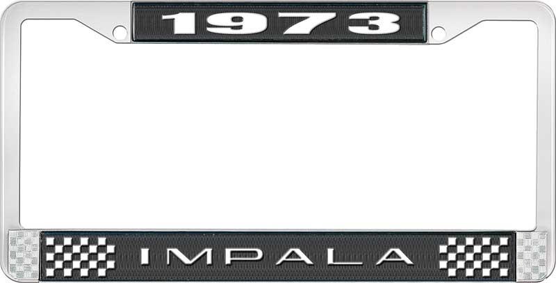 1973 IMPALA BLACK AND CHROME LICENSE PLATE FRAME WITH WHITE LETTERING