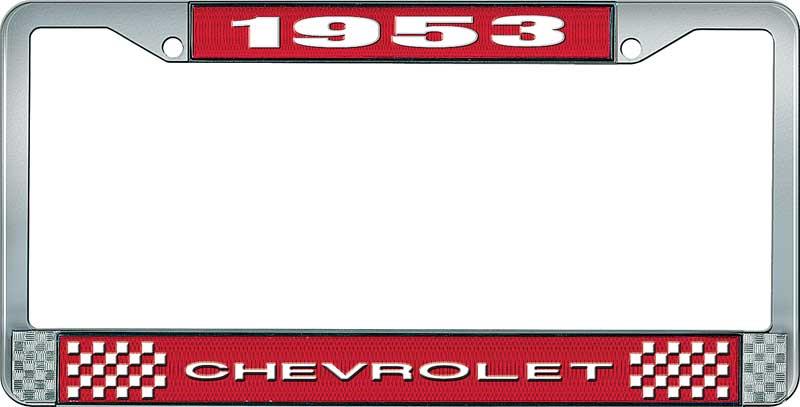 1953 CHEVROLET RED AND CHROME LICENSE PLATE FRAME WITH WHITE LETTERING