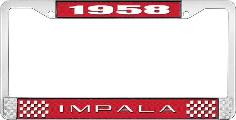 1958 IMPALA  RED  AND  CHROME LICENSE PLATE FRAME WITH WHITE LETTERING