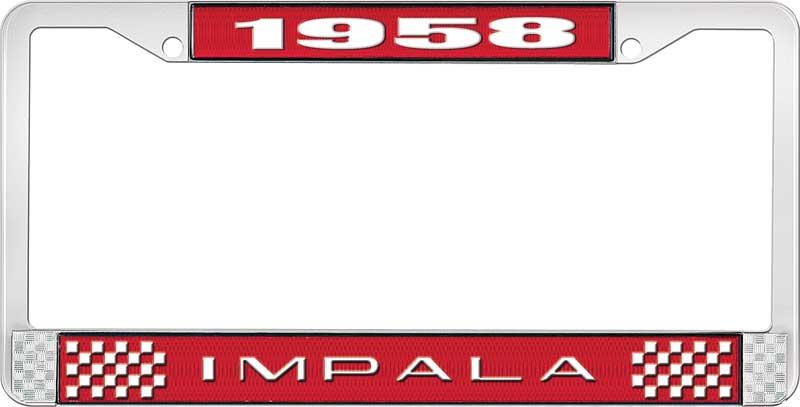 nummerplåtshållare, 1958 IMPALA röd krom, med vit text