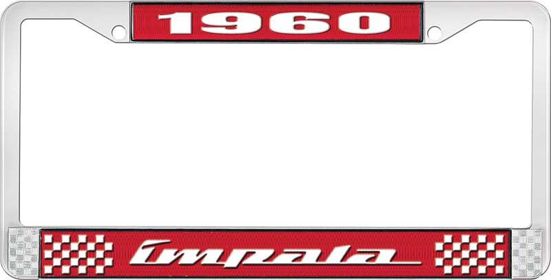 1960 IMPALA RED AND CHROME LICENSE PLATE FRAME WITH WHITE LETTERING
