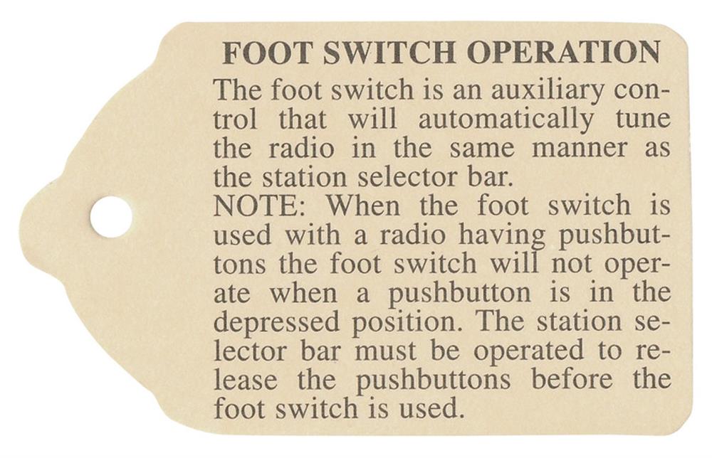 Tag, 54-69 Cadillac, Wonderbar Radio, Foot Operation