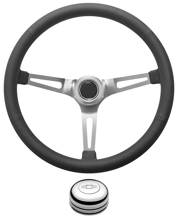 Steering Wheel Kit, 1969-88 Chevrolet, Retro w/Slots, Engraved Bowtie, Polished