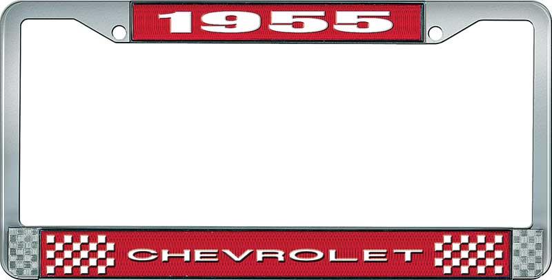 1955 CHEVROLET RED AND CHROME LICENSE PLATE FRAME WITH WHITE LETTERING