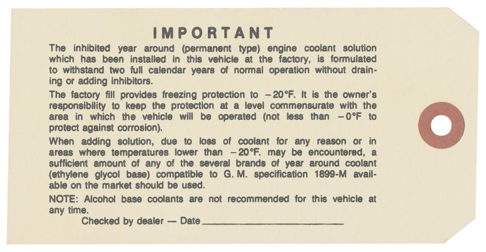 Tag, 61-66 Buick, GM Antifreeze