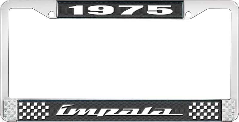 1975 IMPALA BLACK AND CHROME LICENSE PLATE FRAME WITH WHITE LETTERING