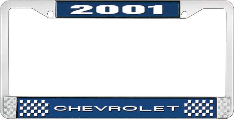 2001 CHEVROLET BLUE AND CHROME LICENSE PLATE FRAME WITH WHITE LETTERING