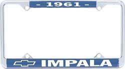 License Plate Frame, Die-Cast, Chrome/Blue, 1961 Impala Logo, Each