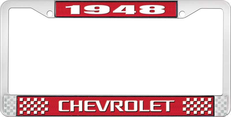 1948 CHEVROLET RED AND CHROME LICENSE PLATE FRAME WITH WHITE LETTERING