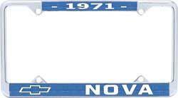 License Plate Frame, Die-Cast, Chrome/Blue, 1971 Nova Logo, Each