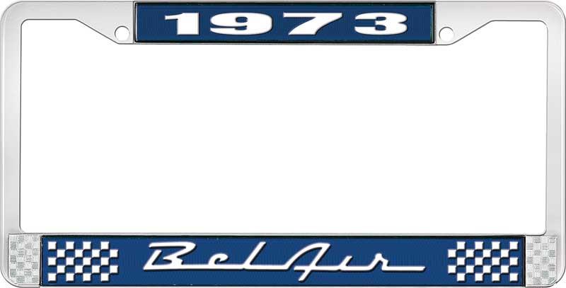 nummerplåtshållare, 1973 BEL AIR  blå/krom, med vit text